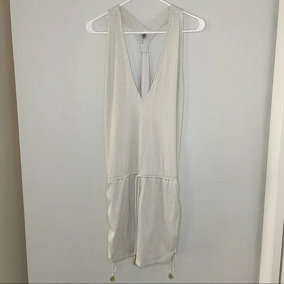 Luli Fama Shimmery Beige V-Neck Drawstring Swim Coverup - Picture 3 of 9